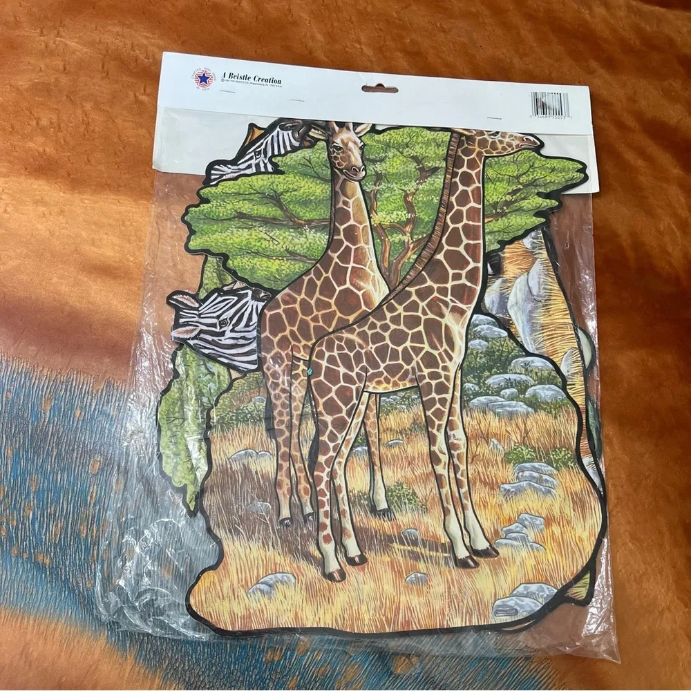 Vintage 90s Beistle Safari Zoo animal die cut decorations 16” new lions giraffe